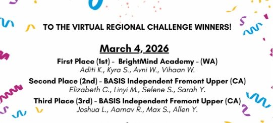 Virtual Regional Challenge winners announcement showing First Place result